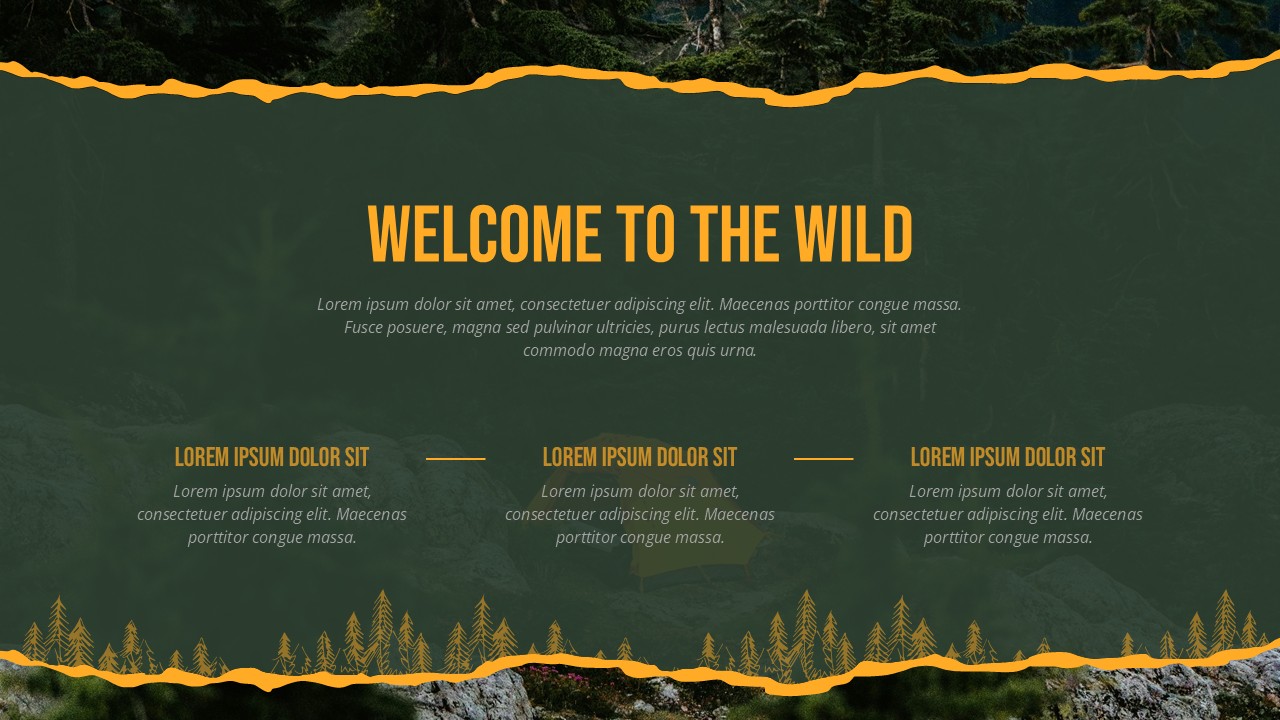 Welcome slide of Forest Camping Adventure Template with three content sections in forest-themed layout.