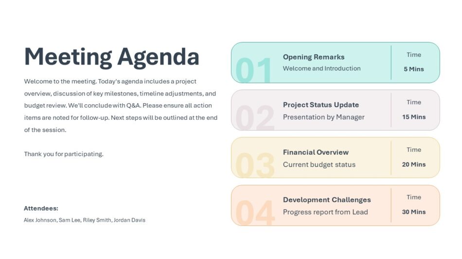 An Image that shows a Meeting Agenda Template. Explore the 10 best Agenda PPT Templates for business meetings, covering team updates, workshops, and strategy sessions with clear structure