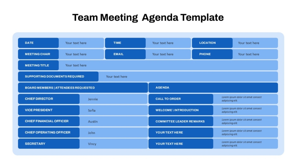 An Image that shows a Team Meeting Agenda Table PPT Template Google Slides. Explore the 10 best Agenda PPT Templates for business meetings, covering team updates, workshops, and strategy sessions with clear structure