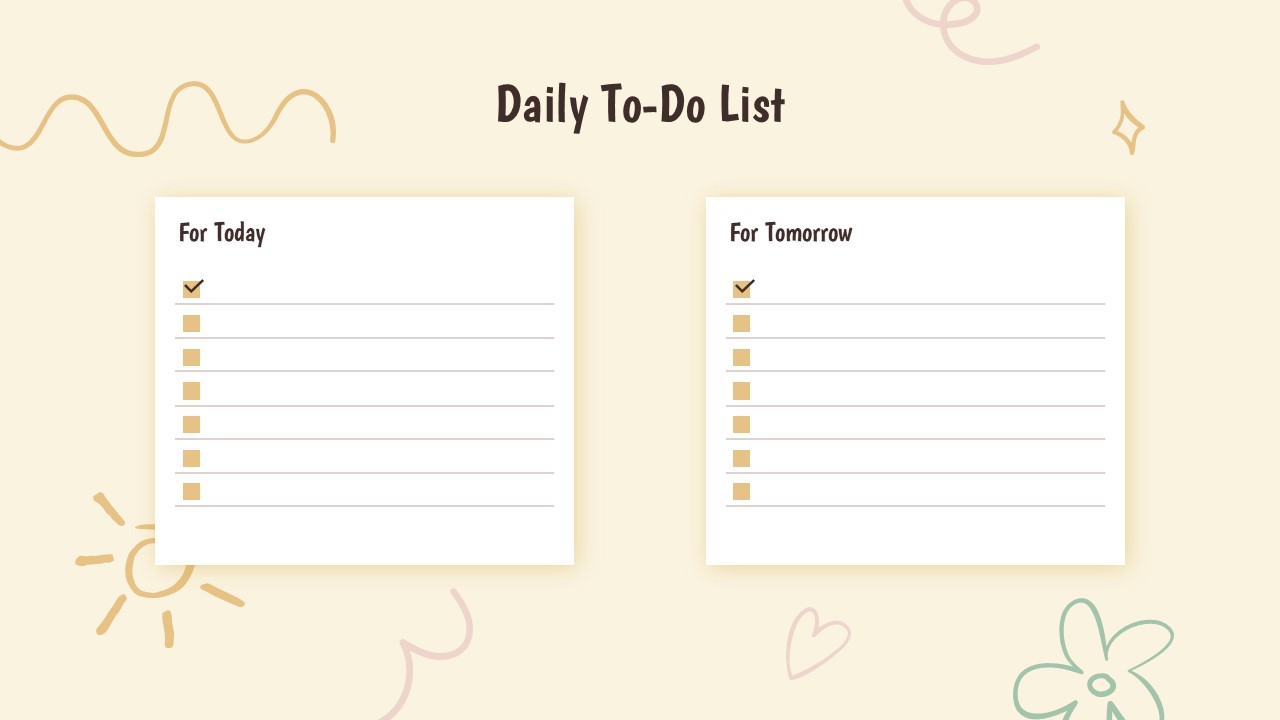 An Image That Shows Doodle Daily To-Do List Presentation Template for PowerPoint and Google Slides. Doodle Daily Agenda Template for PowerPoint and Google Slides