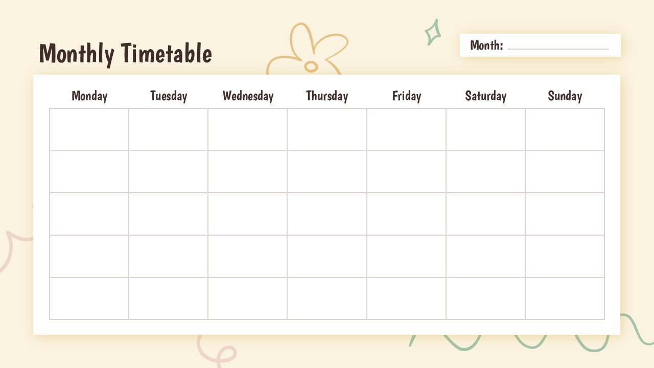 Doodle Monthly Timetable Presentation Templates. Doodle Daily Agenda Template for PowerPoint and Google Slides
