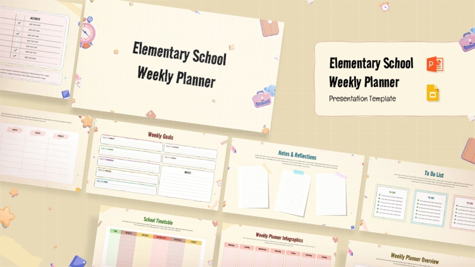 An Image Shows an Elementary School Weekly Planner Presentation Template PowerPoint and Google Slides. Discover how to make Google Slides look good