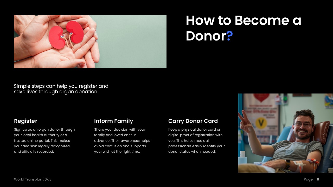 An Image that Shows How to Become a Donor Template for PowerPoint and Google Slides. Use the World Transplant Day presentation template