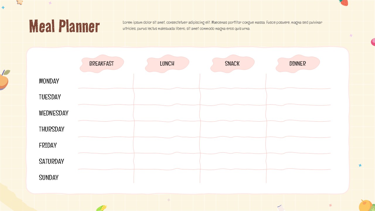 An Image That Shows a Meal Planner Templates For PowerPoint and Google Slides. Using This Elementary School Weekly Planner Presentation Template