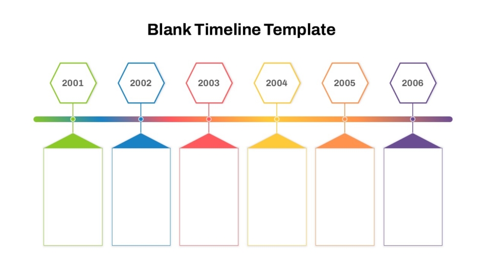 An Image that Shows a Modern Color Coded Layout Blank Timeline PowerPoint Template, Blank Timeline layouts for PowerPoint and Google Slides