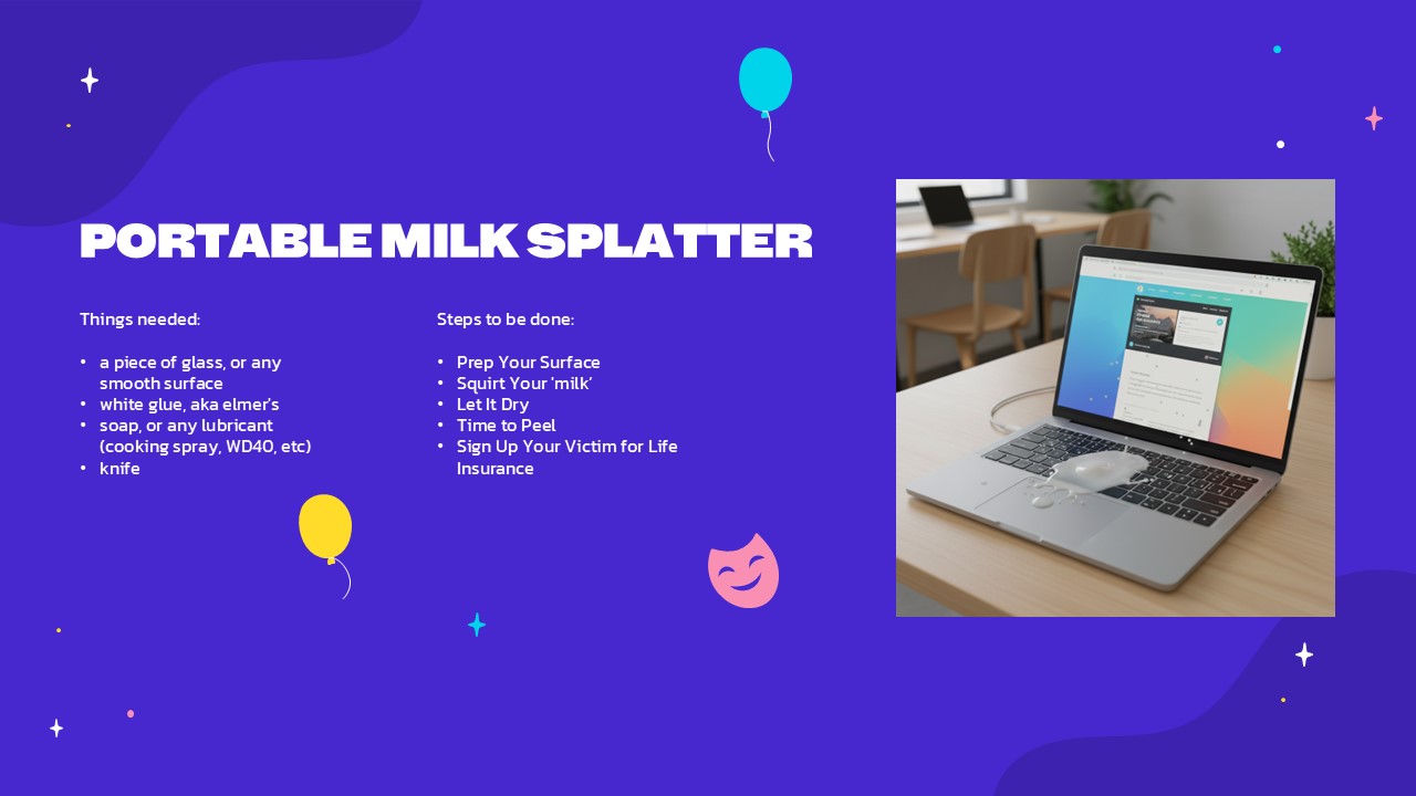 An Image that Shows Portable Milk Splatter Presentation Template for PowerPoint and Google Slides. Download free April Fools Day template