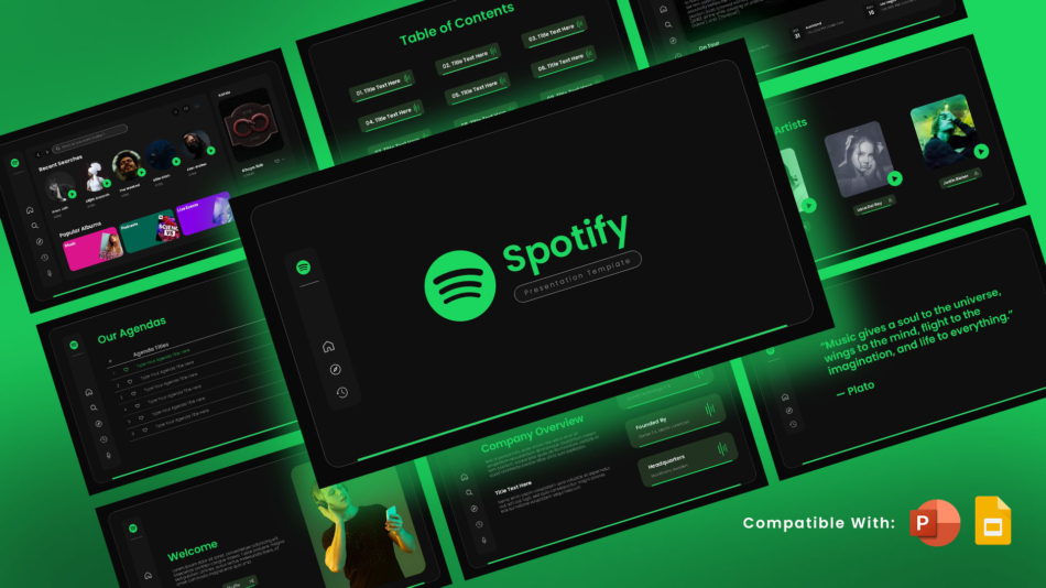 An Image That Shows Spotify PowerPoint Template for PowerPoint and Google Slides, Learn how to choose and customize Professional Google Slides Templates