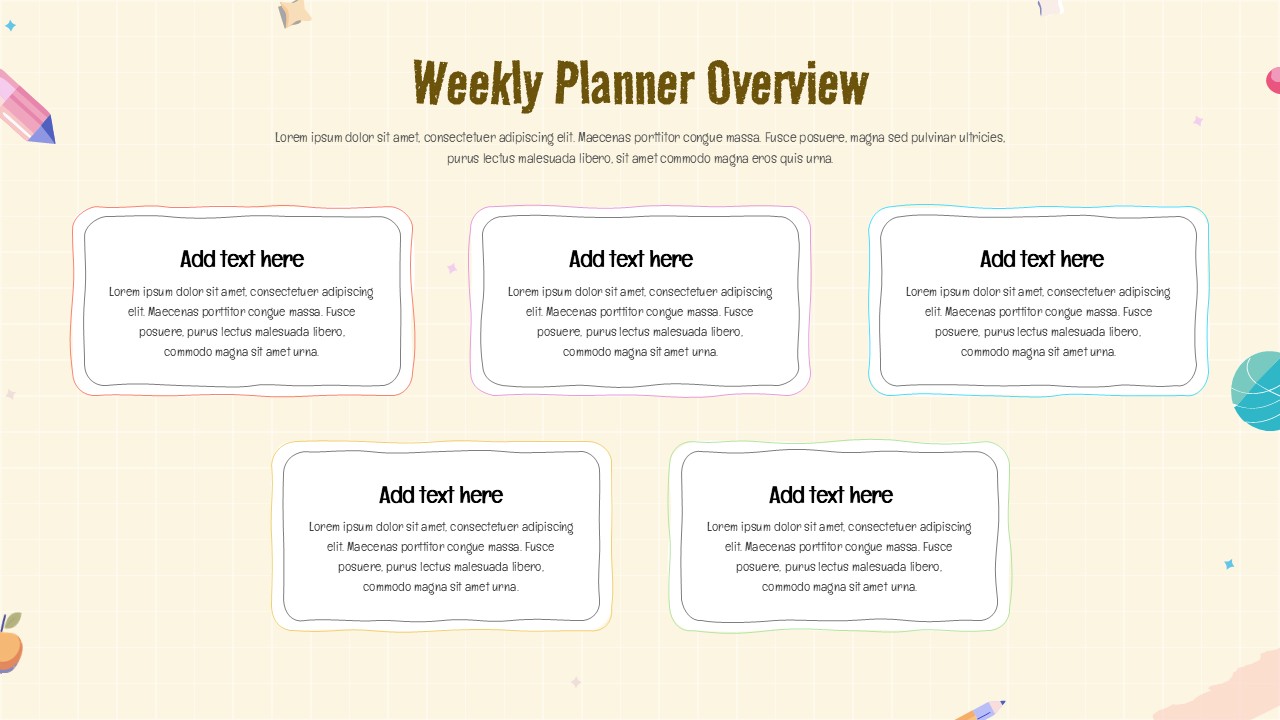 A Image That Shows Weekly Planner Overview Template for PowerPoint and Google Slides. Using This Elementary School Weekly Planner Presentation Template