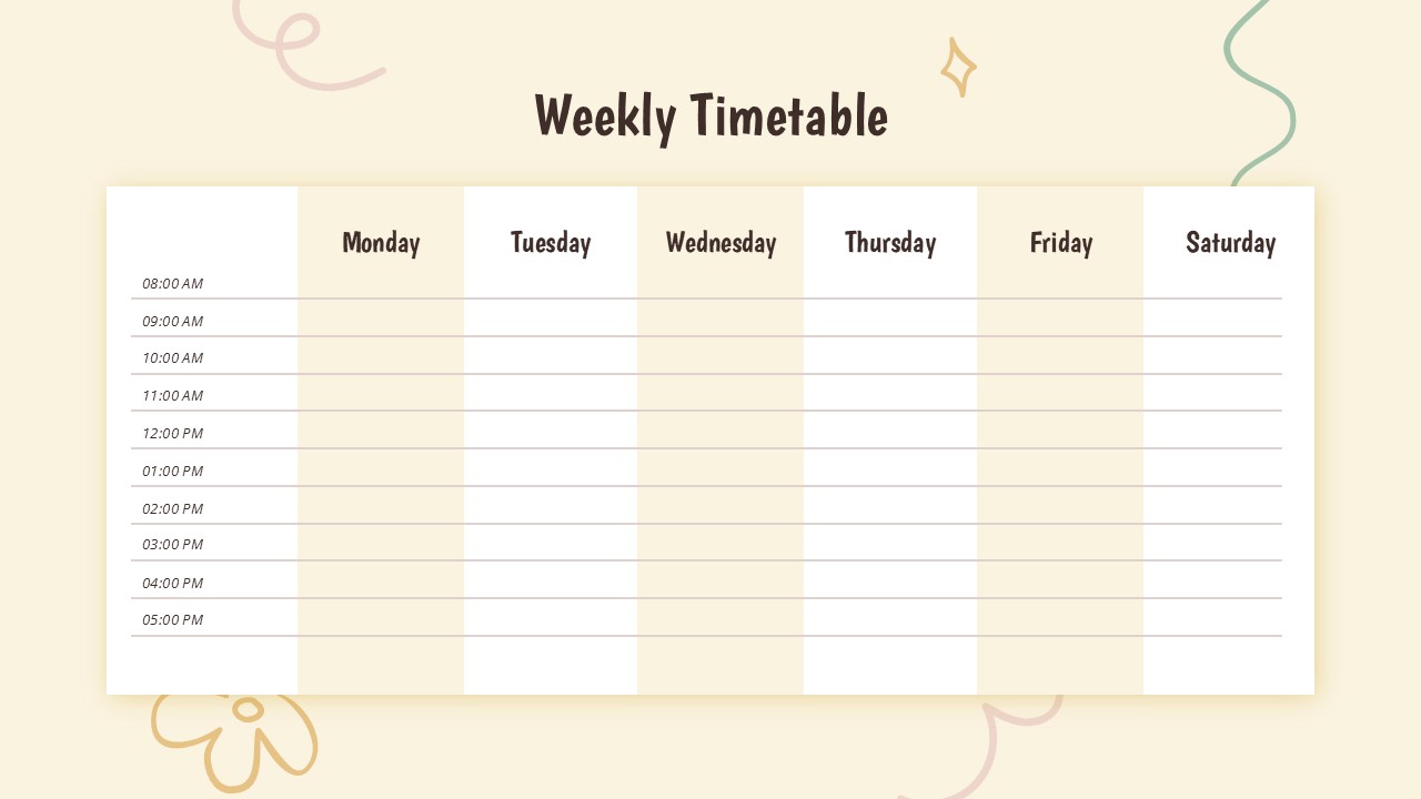 An Image That Shows a Weekly Timetable Template for PowerPoint and Google Slides. Doodle Daily Agenda Template for PowerPoint and Google Slides