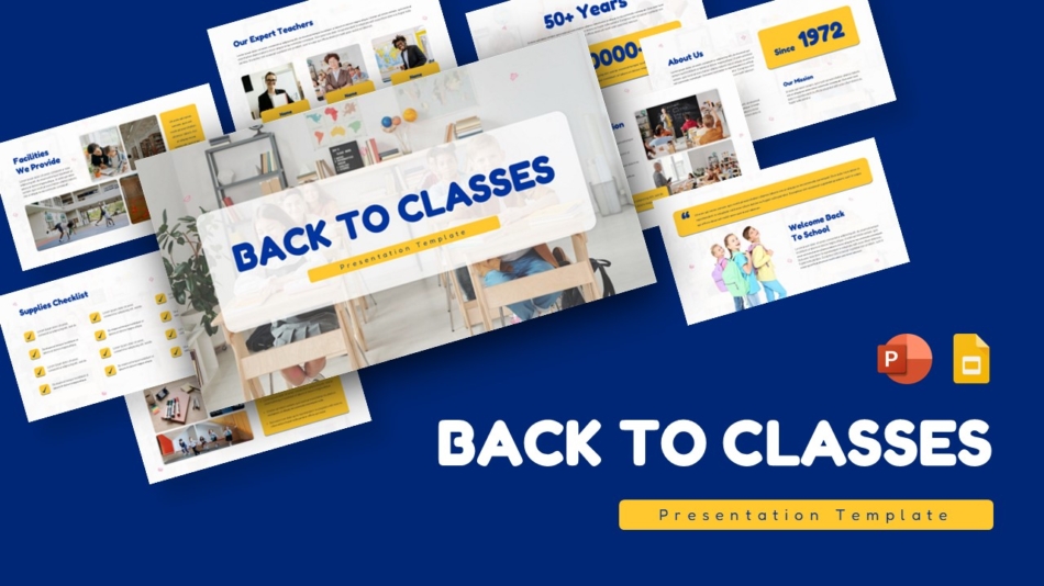 An Image That Shows Back to Classes Education Templates for PowerPoint Google Slides. Find Free Google Slides themes designed for business meetings, education presentations