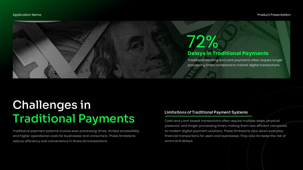 An Image that shows Challenges in Traditional Payments Templates for PowerPoint and Google Slides. Digital Wallet App Template for PowerPoint and Google Slides