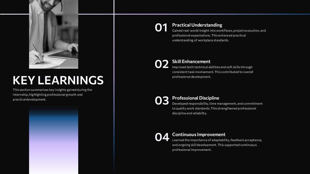 An Image That Shows Key Learnings Template for PowerPoint and Google Slides. Internship Report Template for PowerPoint and Google Slides