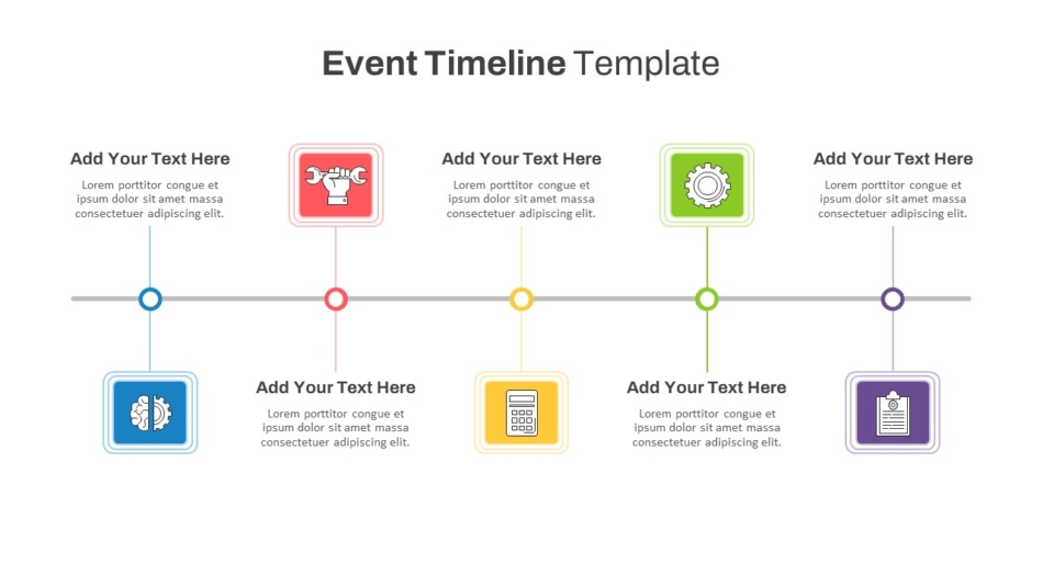 An Image That Shows Linear Design with Color Coded Icons Event Timeline Template. Discover 25 Best Timeline Templates for business presentations