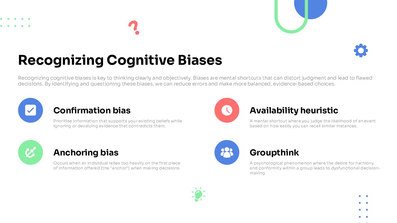 An Image That Shows a Recognizing Cognitive Biases Template, Editable Critical Thinking Training template for PowerPoint and Google Slides