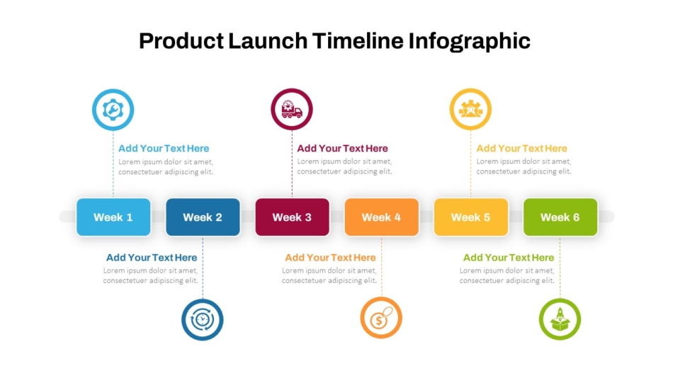 An Image That Shows Six Week Product Launch Timeline PowerPoint and Google Slides Template. Discover 25 Best Timeline Templates for business presentations