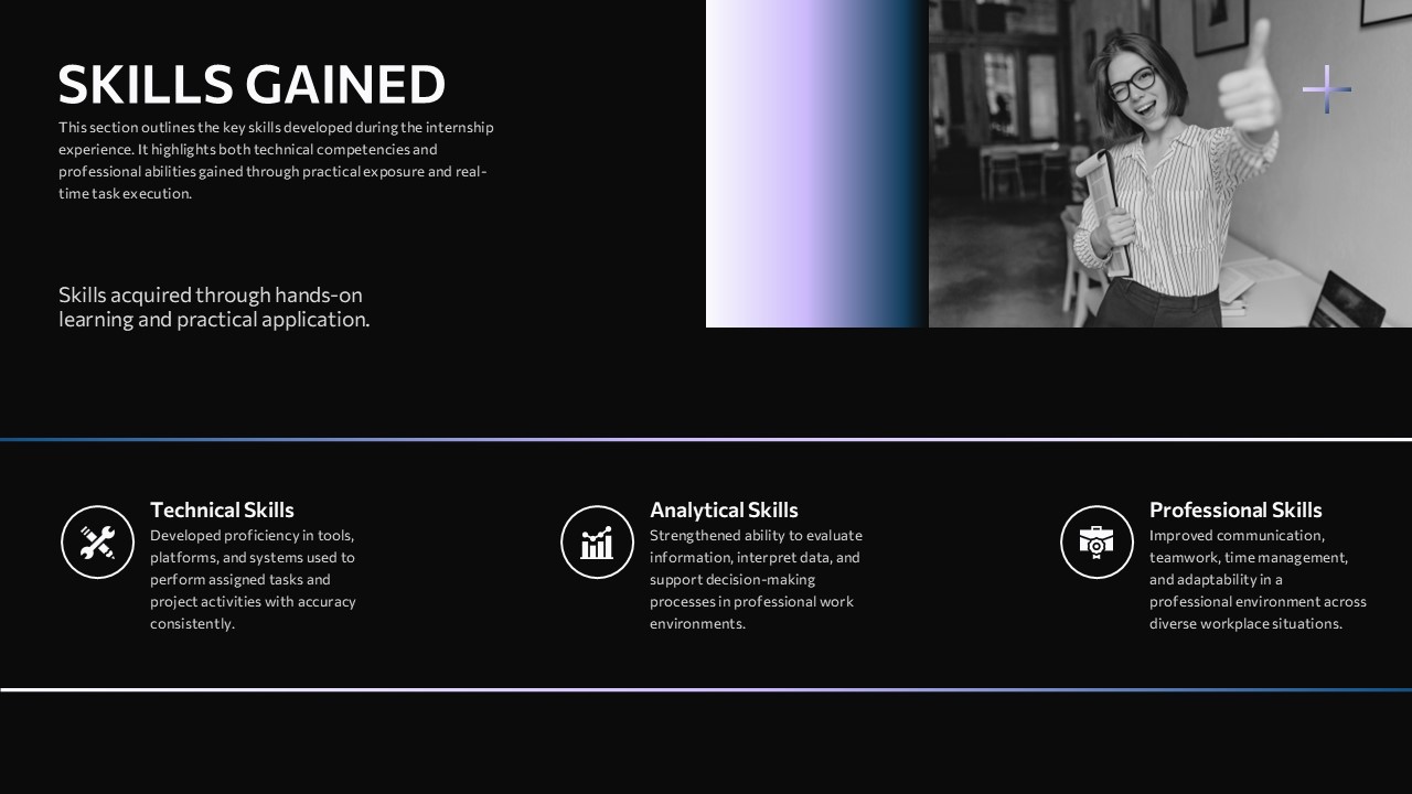 An Image That Shows Skills Gained Presentation Template PowerPoint Template, Internship Report Template for PowerPoint and Google Slides