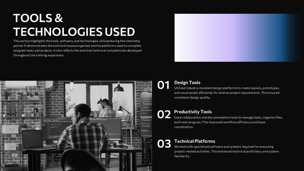An Image That Shows Tools & Technologies Used Template. Internship Report Template for PowerPoint and Google Slides