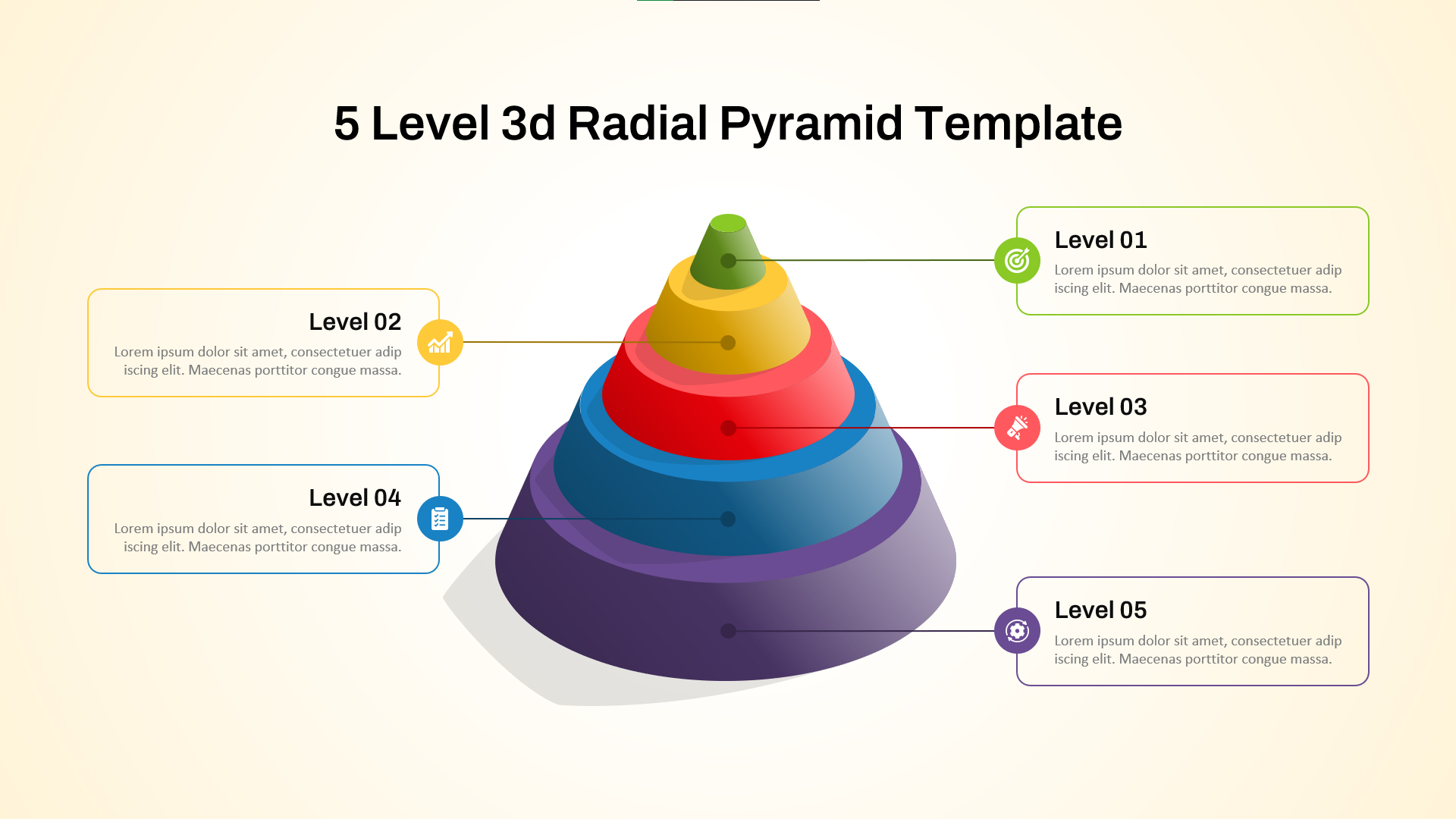 5-level 3D radial pyramid infographic with color-coded layers and labeled callouts for hierarchical or process visualization