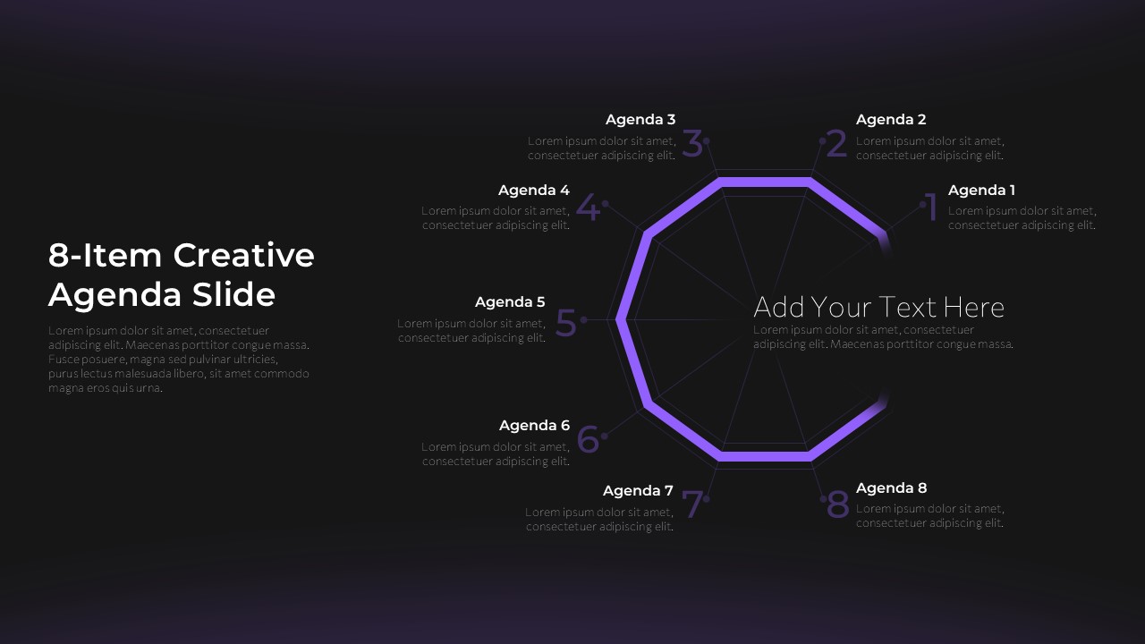 Dark-themed 8-item circular agenda slide with a central text area, surrounded by numbered sections connected in a glowing purple radial diagram for structured presentations.