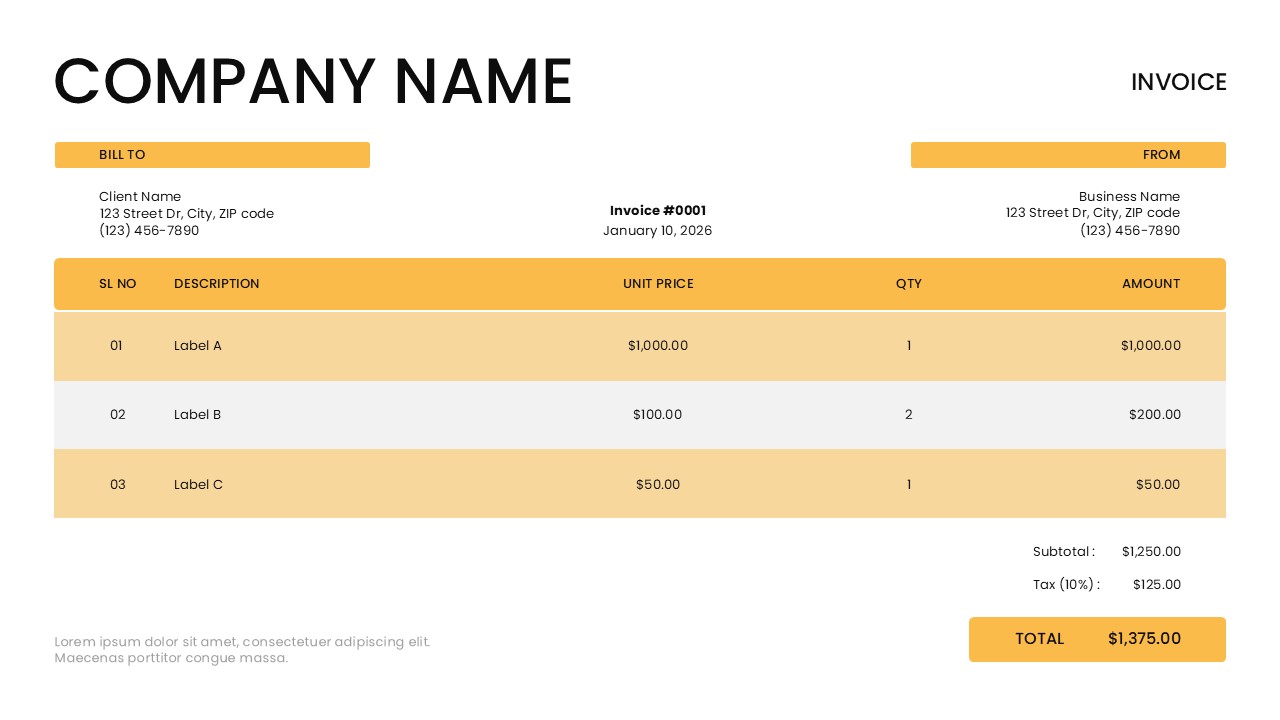 Blank invoice template with clean layout featuring company name, billing details, itemized table, and highlighted total section in grey and yellow design