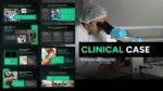 Clinical case presentation template preview with multiple medical slides, patient case analysis layouts, and laboratory research visuals for healthcare presentations.