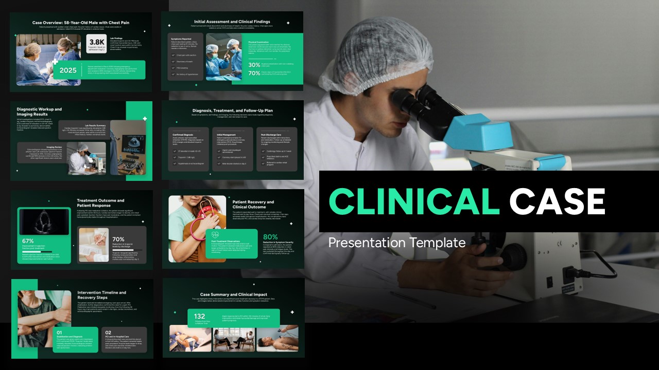 Clinical case presentation template preview with multiple medical slides, patient case analysis layouts, and laboratory research visuals for healthcare presentations.