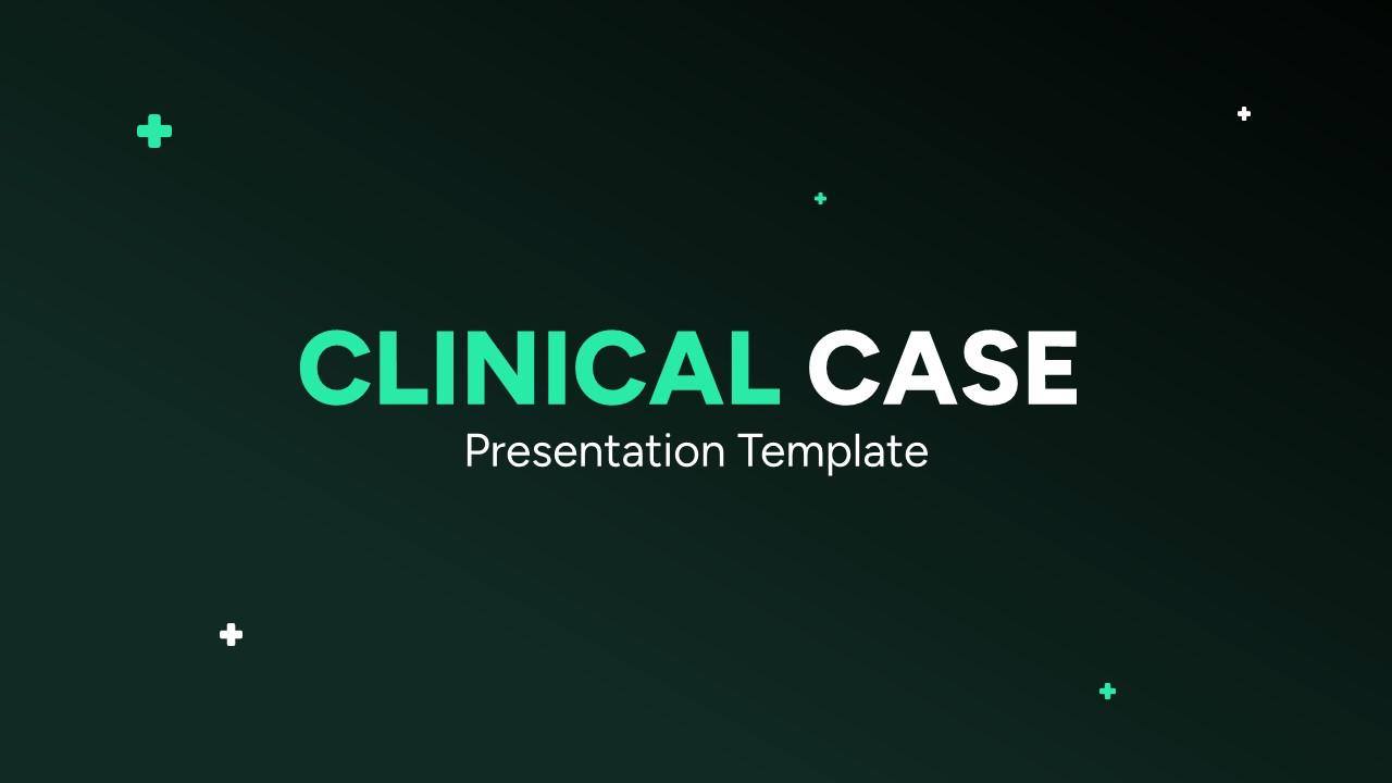 Clinical case presentation title slide with green gradient background and bold medical presentation heading design.