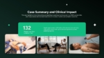 Case summary and clinical impact slide showing door-to-balloon time metric, patient treatment visuals, ECG monitoring, and post-treatment recovery outcomes.
