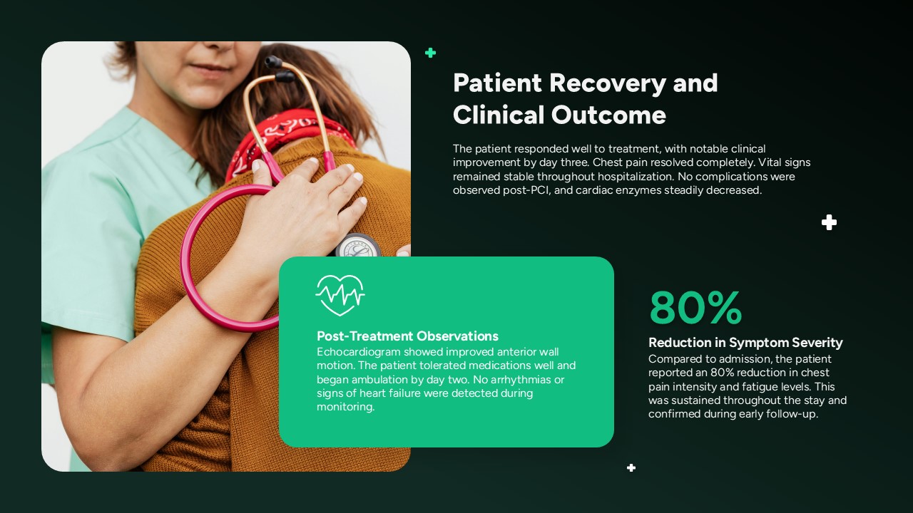 Patient recovery and clinical outcome slide showing post-treatment observations, reduced symptom severity, and healthcare professional monitoring patient recovery.