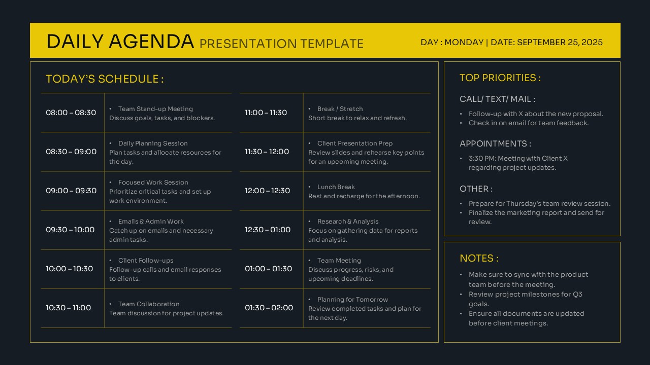 Daily agenda presentation template showing a structured schedule, top priorities, appointments, and notes in a clean dark-themed layout