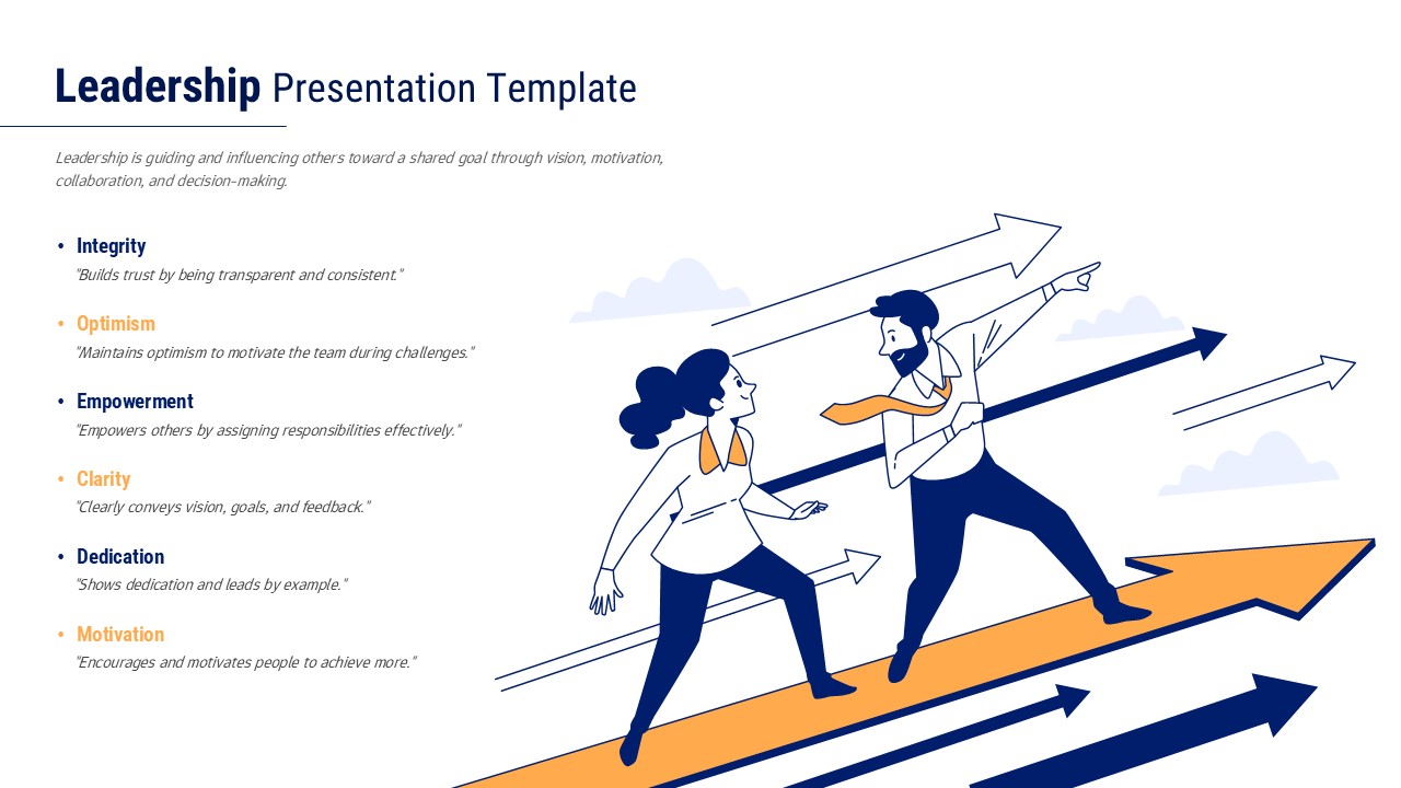 Professional leadership presentation slide showing team collaboration, motivation, and growth strategy with business professionals moving forward on directional arrows