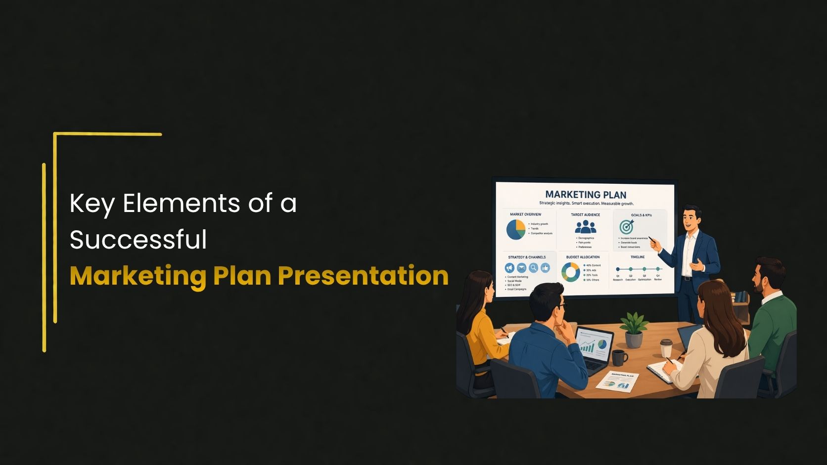 Slide with dark background featuring the title “Key Elements of a Successful Marketing Plan Presentation” in white and yellow text on the left, alongside a vector illustration of a team meeting where a presenter explains a marketing plan on a screen while others listen and take notes.