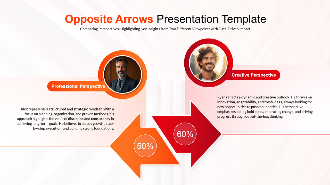 Opposite arrows comparison slide showing two contrasting ideas with percentage indicators and business professionals