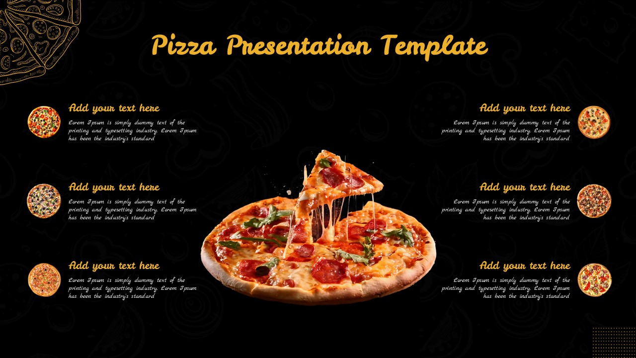 Pizza-themed presentation slide template with dark background, delicious pizza image, and modern layout for food business presentations