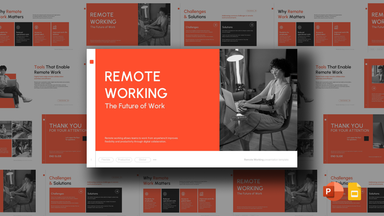 Remote working presentation slide with bold orange title section reading “Remote Working – The Future of Work” alongside a grayscale image of a person using a laptop at home, surrounded by preview thumbnails of related slides on challenges, tools, and benefits of remote work.
