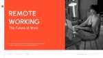 Remote working presentation cover slide with bold orange background and person working on laptop at home