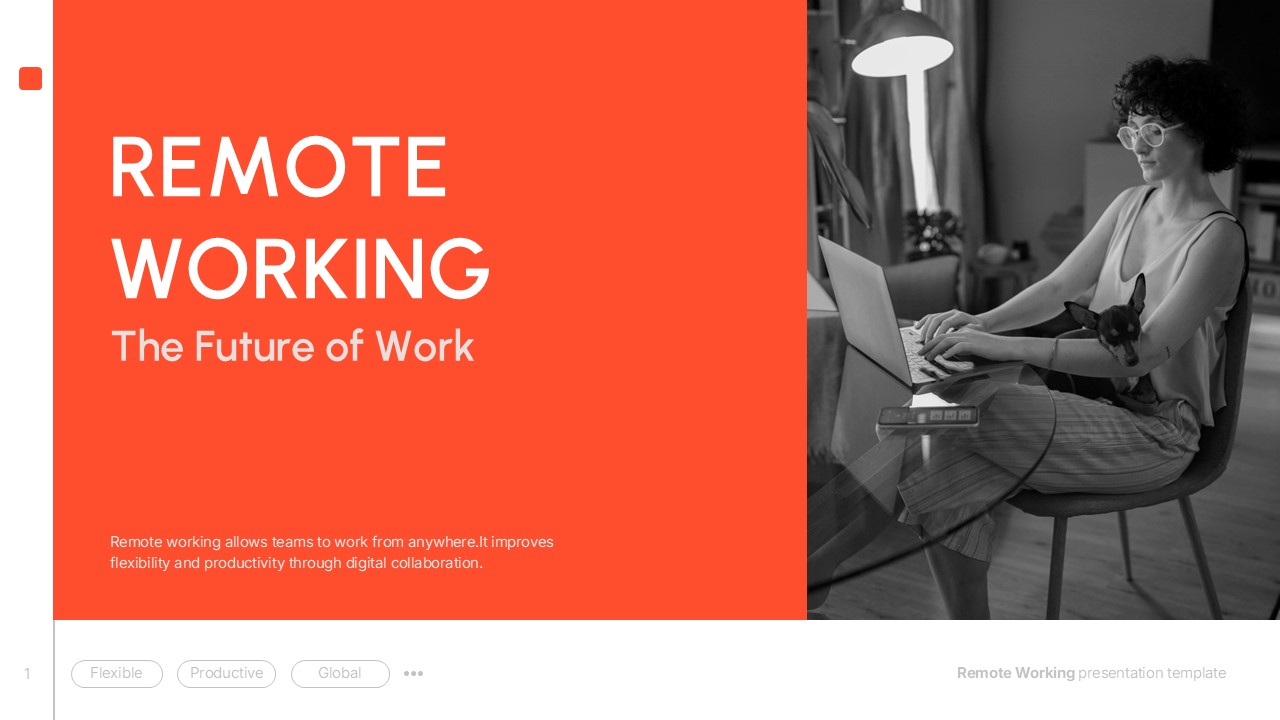 Remote working presentation cover slide with bold orange background and person working on laptop at home