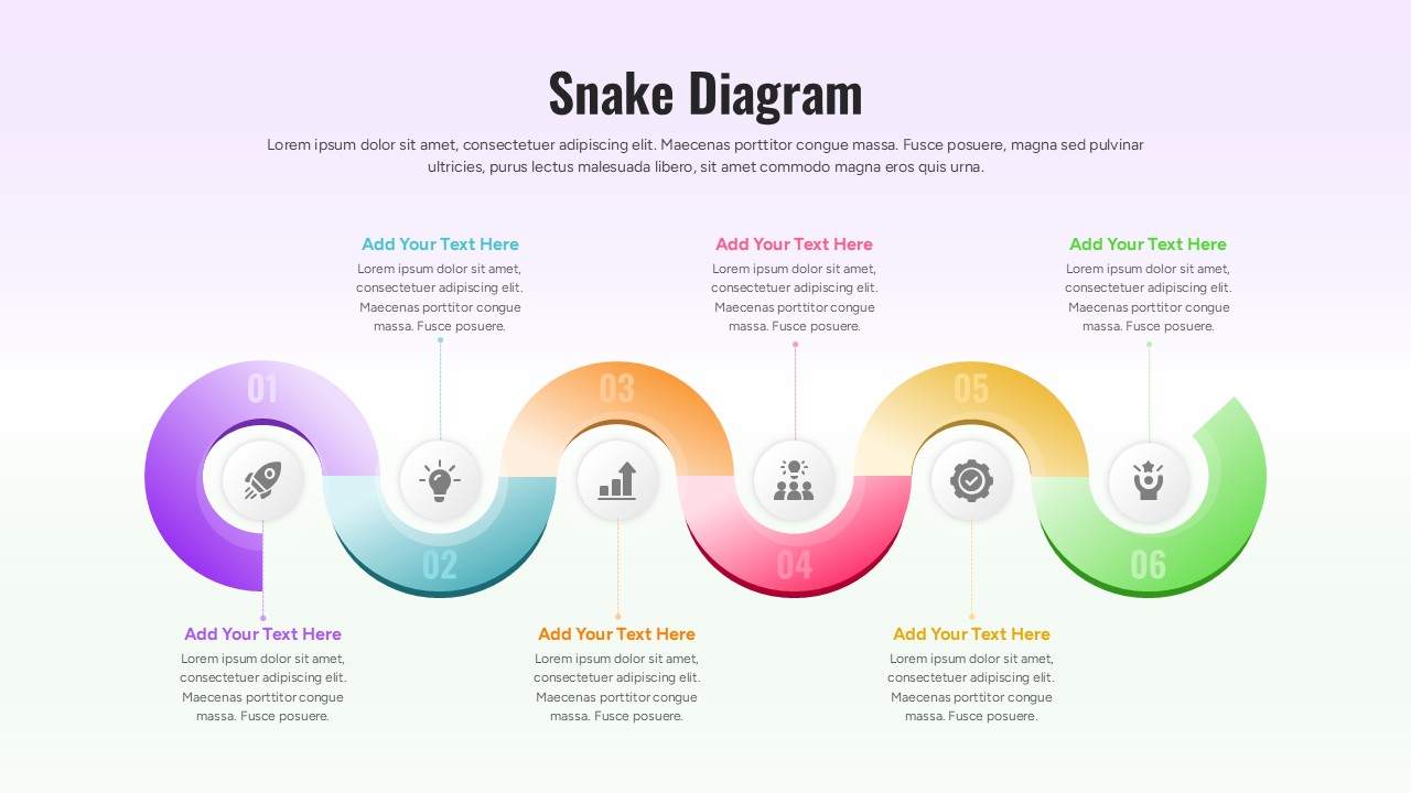 Snake process flow diagram template with six curved steps and colorful gradient segments for presenting workflows in PowerPoint and Google Slides