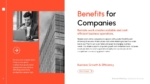 Benefits for companies slide explaining how remote work improves scalability, reduces costs, and supports business growth, with images of a professional using a laptop and a modern office building.