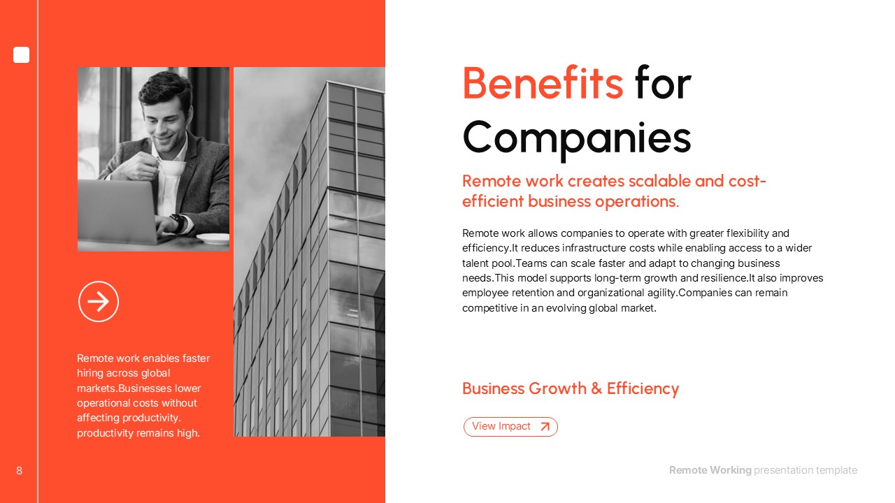 Benefits for companies slide explaining how remote work improves scalability, reduces costs, and supports business growth, with images of a professional using a laptop and a modern office building.