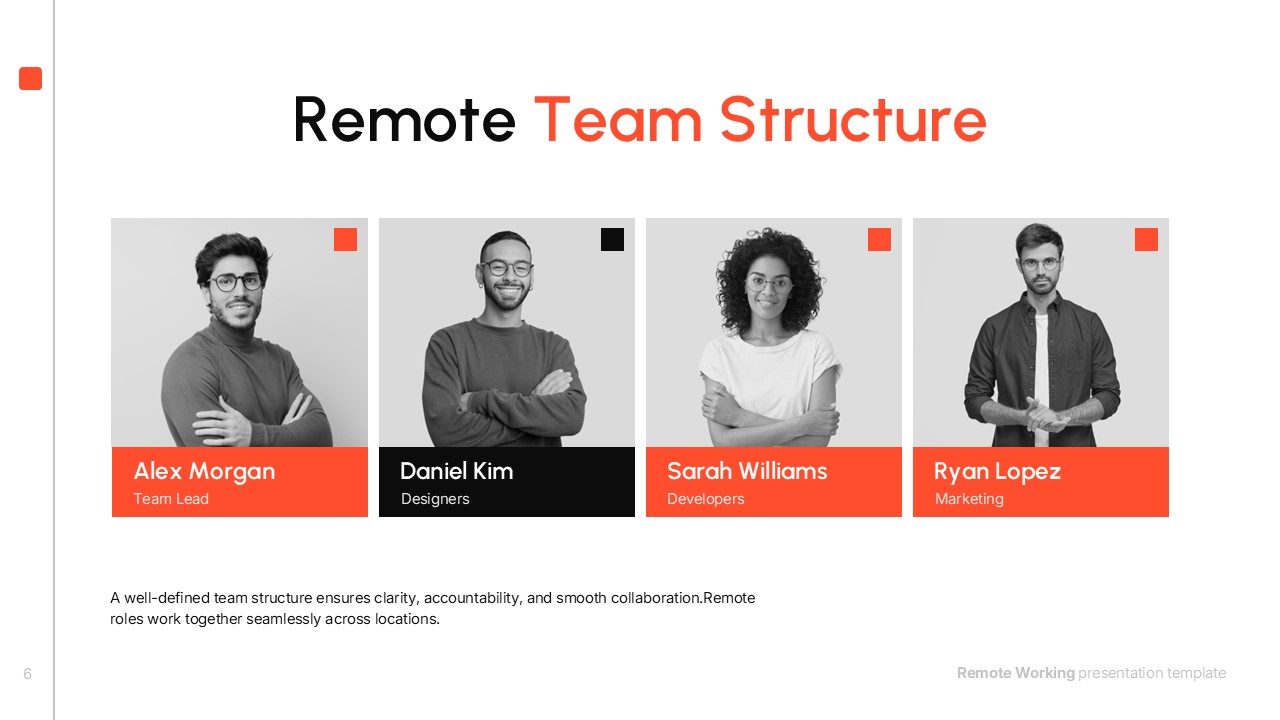 Remote team structure slide displaying team member profiles with names and roles, including team lead, designers, developers, and marketing, highlighting organized remote team collaboration.