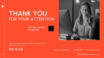Thank you slide for remote working presentation featuring bold orange background, appreciation message, contact details, and image of a professional giving a thumbs up.