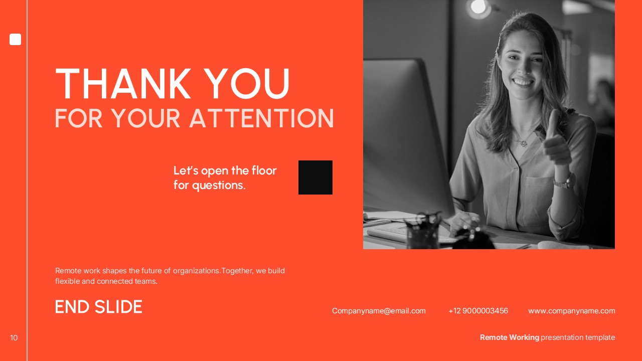 Thank you slide for remote working presentation featuring bold orange background, appreciation message, contact details, and image of a professional giving a thumbs up.
