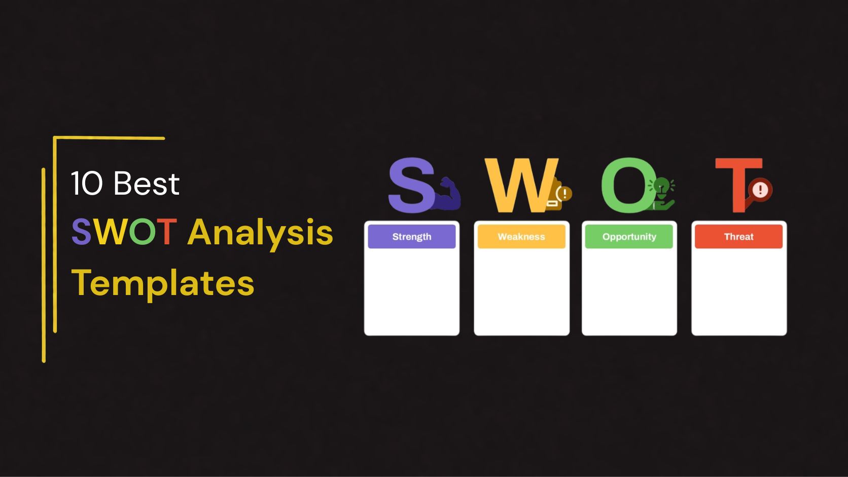 featuring a dark background with colorful SWOT letters representing Strength, Weakness, Opportunity, and Threat alongside presentation template cards.