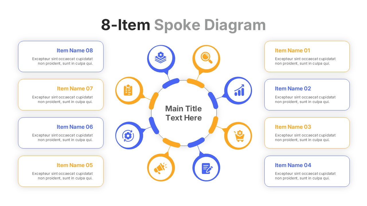 8-item spoke diagram infographic with a circular central hub connected to eight labeled sections using blue and orange icons and text boxes for business presentations in PowerPoint and Google Slides.