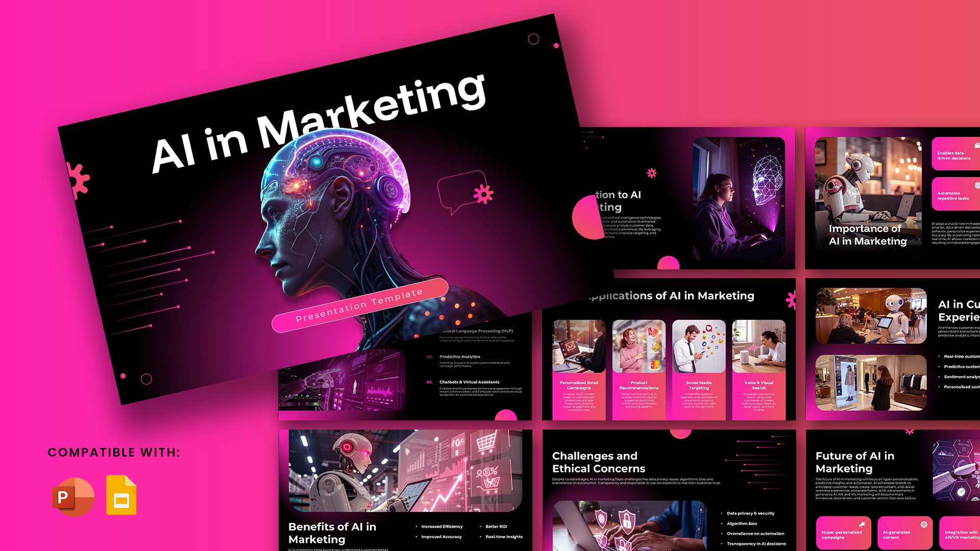 AI in Marketing presentation template featuring futuristic AI visuals, automation concepts, marketing analytics, customer engagement strategies, and modern PowerPoint and Google Slides slides.