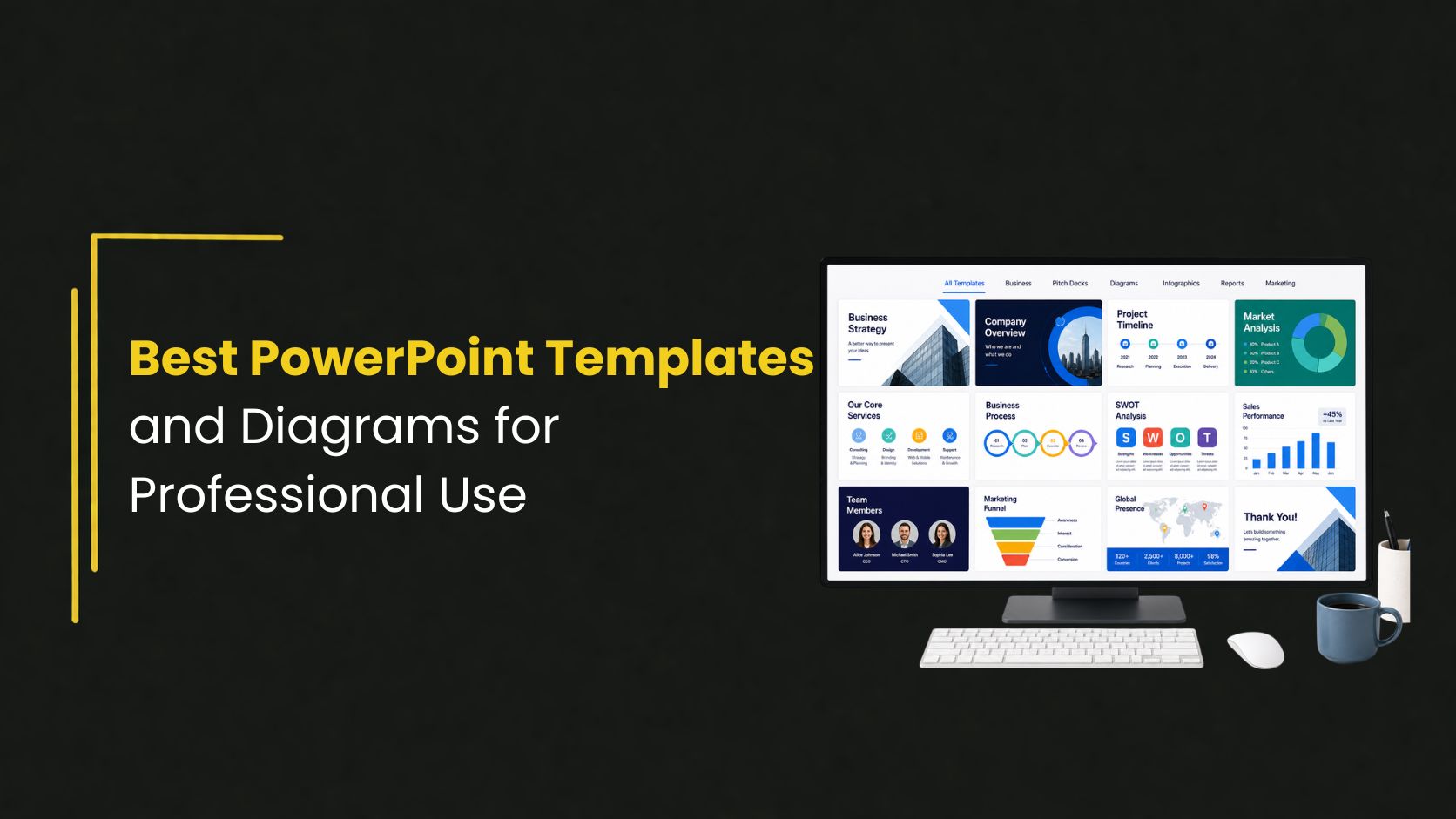 Dark-themed presentation slide with the title “Best PowerPoint Templates and Diagrams for Professional Use” in bold yellow and white text on the left, and a monitor on the right displaying a grid of modern presentation slide templates and diagrams in a clean workspace setting.