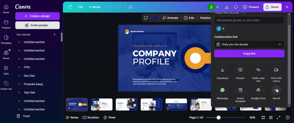 Canva presentation editor interface displaying a blue company profile presentation template with collaboration, sharing, and download options open on the right sidebar.