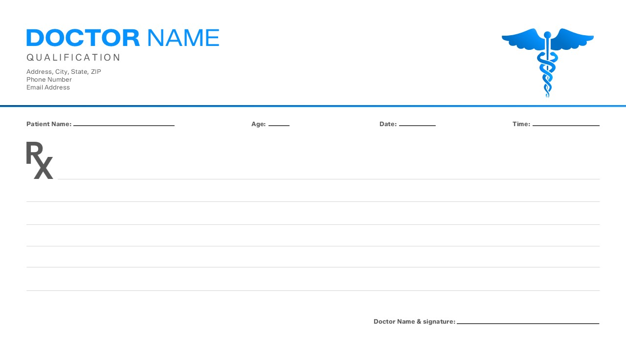 Professional doctor prescription presentation template featuring a clean medical note layout with patient information fields, prescription lines, doctor details, signature area, and blue healthcare symbols for PowerPoint and Google Slides.