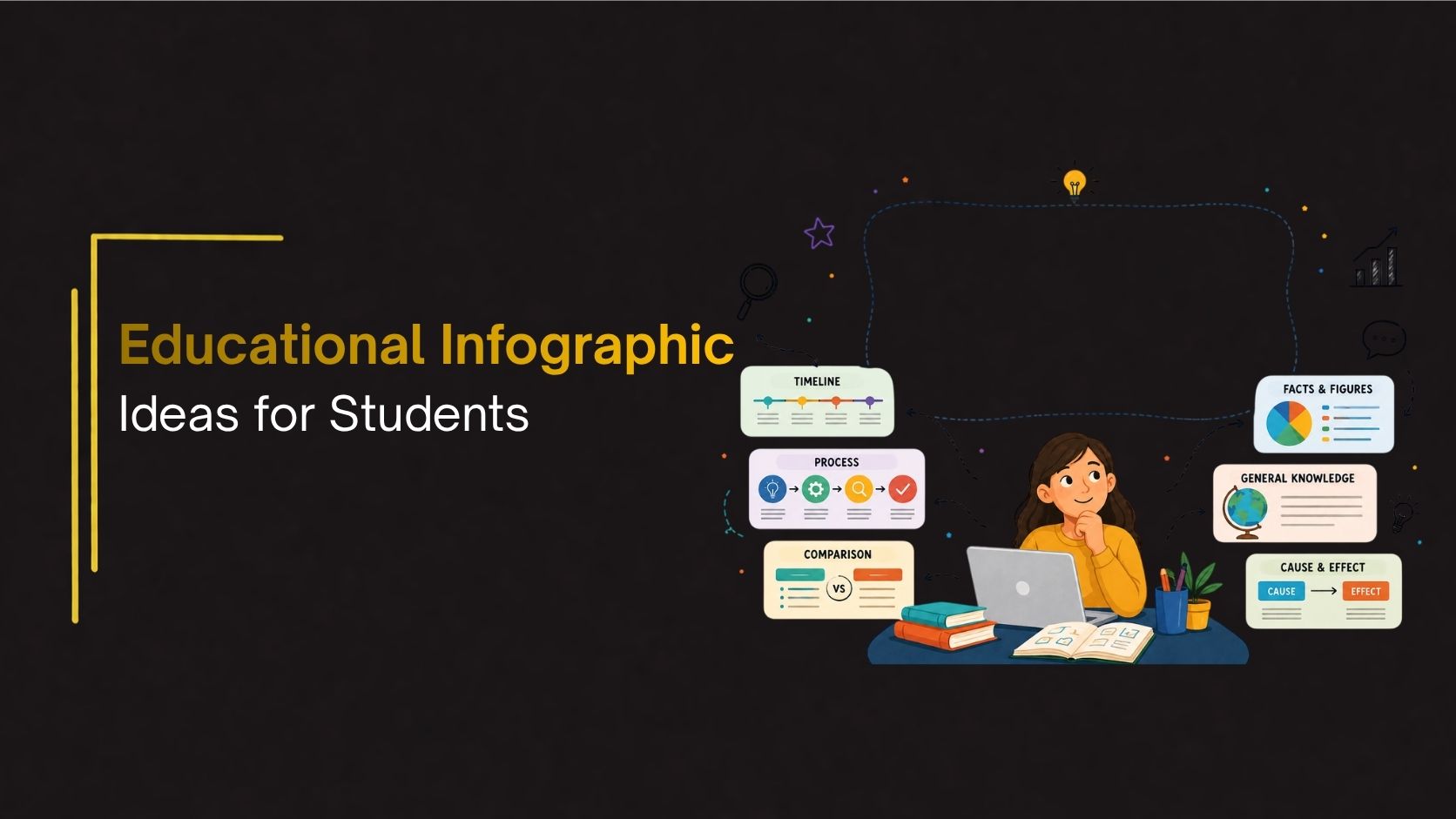 Educational Infographic Ideas for Students” on the left and a colorful student illustration on the right with visual learning elements including timeline, process, comparison, facts and figures, general knowledge, and cause-and-effect infographic cards.